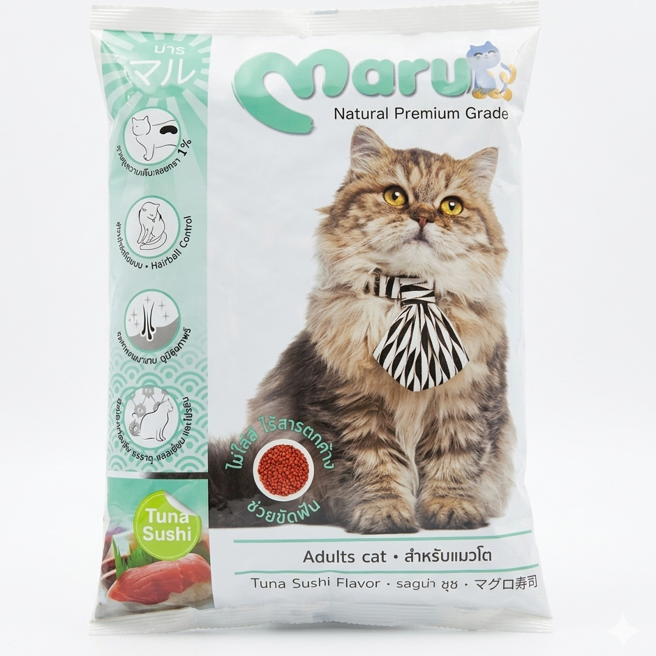 Maru มารุ 900 g. อาหารแมว  รสทูน่า ซูชิ สำหรับแมวโตทุกสายพันธุ์ สูตรกำจัดขนก้อน วิตามิน โปรตีนสูง Hairball control