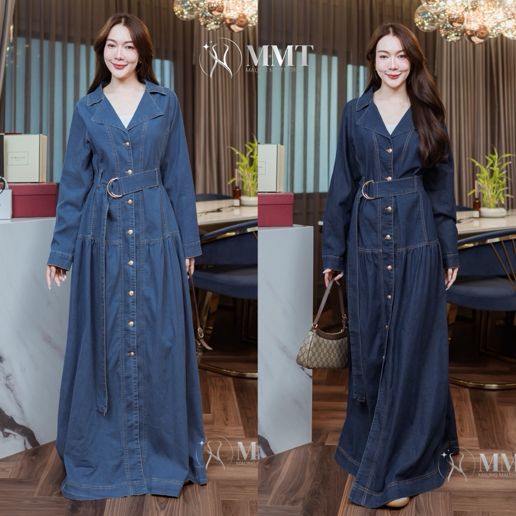 🌈🌿🌸🌼🌺💙🇰🇷 Jeans Button Belt Long Sleeve Maxi Dress