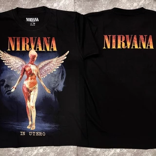 เสื้อยืดผ้าฟอก-ผ้าดำ Nirvanaนางฟ้า(Rockteeเรืองแสง) ผ้าCotton100