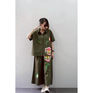 ชุดset ผ้าเวสปอร์ย สกรีนลายดอกไม้แขนบอลลูน ตัวเสื้อมีกระดุมคอ 3 เม็ดทรงหน้าสั้นหลังยาว