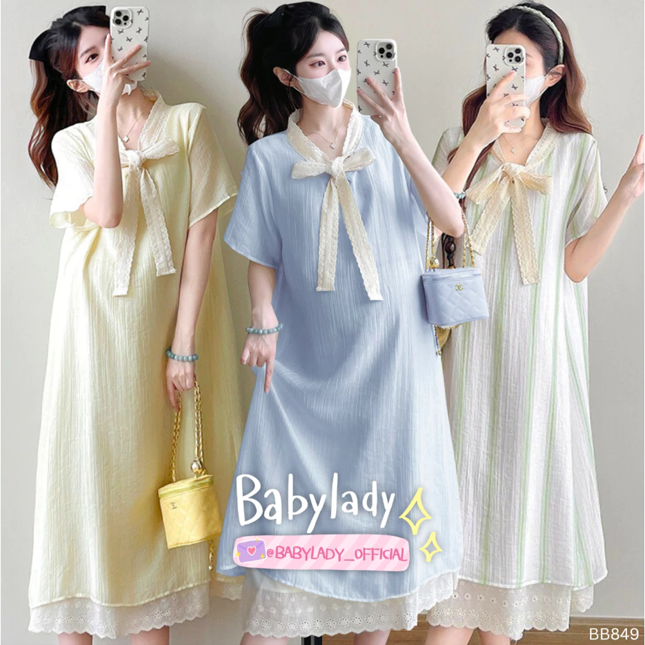 [BB 849] ชุดคลุมท้อง | BABYLADY ♡ - ผ้าคอตตอนพิมพ์ลาย ลูกไม้คอผูกโบว์ ชายลูกไม้ มีซับใน