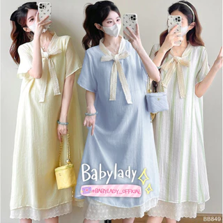 [BB 849] ชุดคลุมท้อง | BABYLADY ♡ - ผ้าคอตตอนพิมพ์ลาย ลูกไม้คอผูกโบว์ ชายลูกไม้ มีซับใน