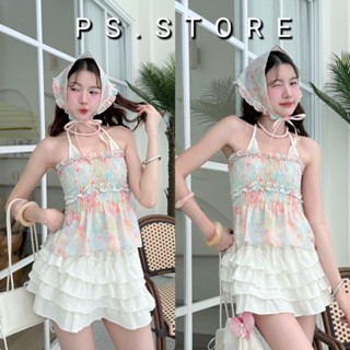 Mellow : เสื้อเกาะอกดึงยางสม็อค แต่งสายผูกคล้องคอ กระดุมดอกไ…