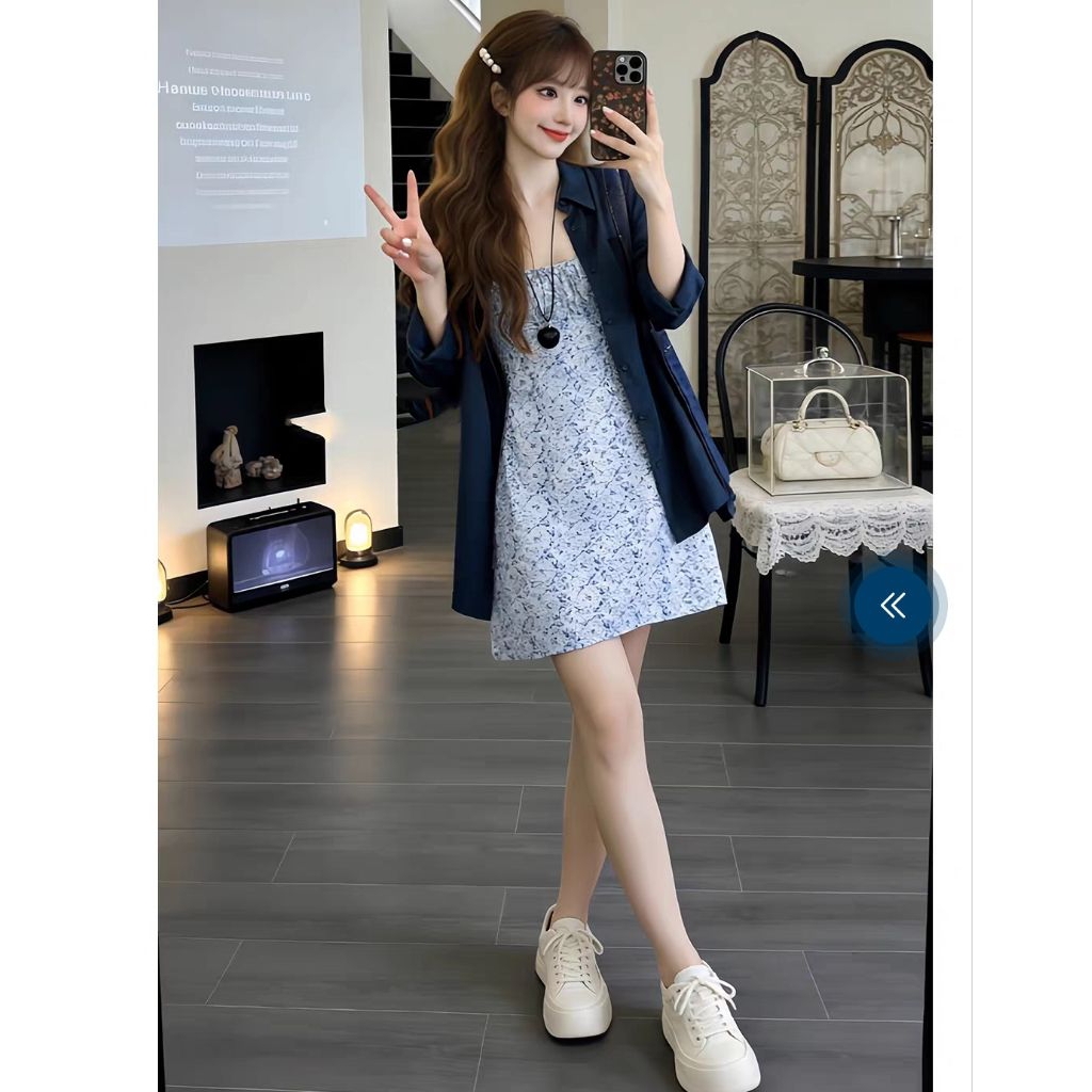 ชุดเซ็ท2ชิ้น ลุคหรูดูแพง เสื้อเชิ้ตแขนยาว+เดรสสายเดี่ยวลายดอก ใส่แล้วดูหวาน สุภาพ มีสไตล์ เหมาะทั้งลุคทำงานและลุคเที่ยว