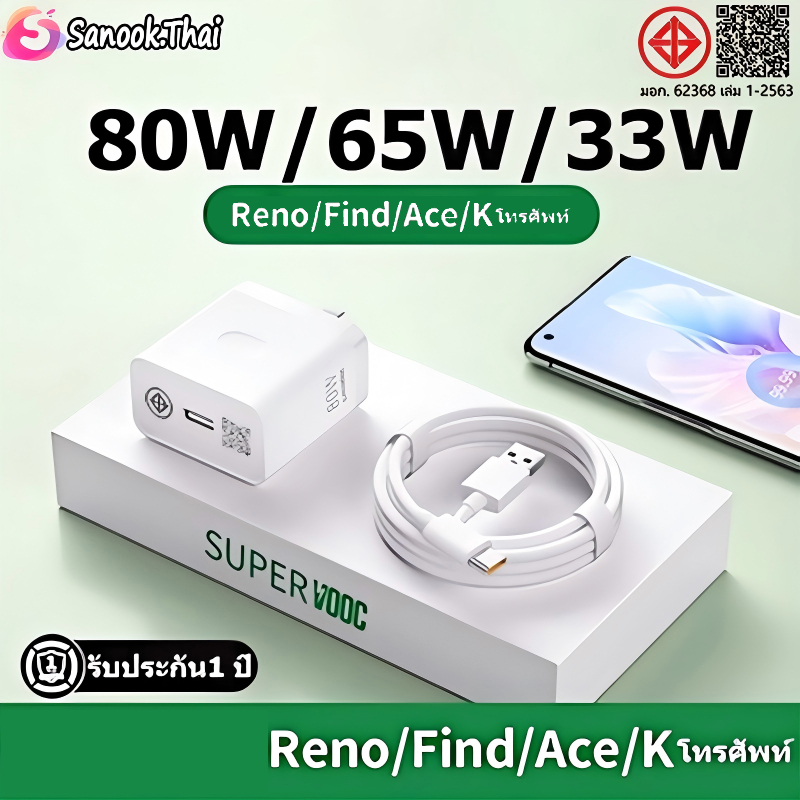Sanook ใหม่ OP 80W 65W 33W ชุดชาร์จเร็วสุด SUPER VOOC FAST CHARGER USB-C เหมาะสำหรับ OPP series ทุกรุ่น [รับประกัน1 ปี]