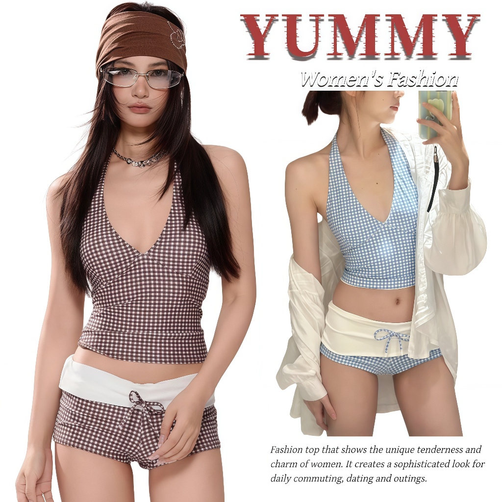 🎀Yummy Shop🎀㈣ ชุดว่ายน้ำ บิกินี่ทูพีช มีฟองน้ำ ลายสก็อตคอวีลึก แบบคล้องคอ เว้าหลังเซ็กซี่ ชุดไปทะเล' FY5085#1