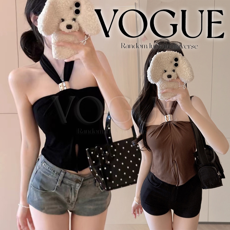 Vogue🌟พร้อมส่ง🌟 เสื้อคล้องคอแบบผูก สไตล์จับจีบ ดีเทลจี้โลหะ เพิ่มความหรู มีบราในตัว  (FY10168)