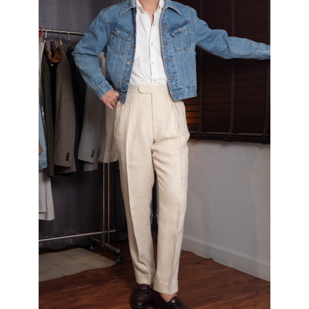 [T12LN-BEIGE] กางเกงลินินขายาวเอวสูง Classic High Waist Trousers โมเดล T12LN สี Beige