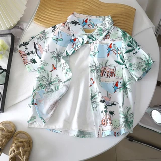 เสื้อเชิ้ตเด็กหน้าร้อน เสื้อเชิ้ตฮาวายเด็ก ลายต้นไม้ สีสดใส ระบายอากาศได้ดี สไตล์ทะเล ไซส์90-150