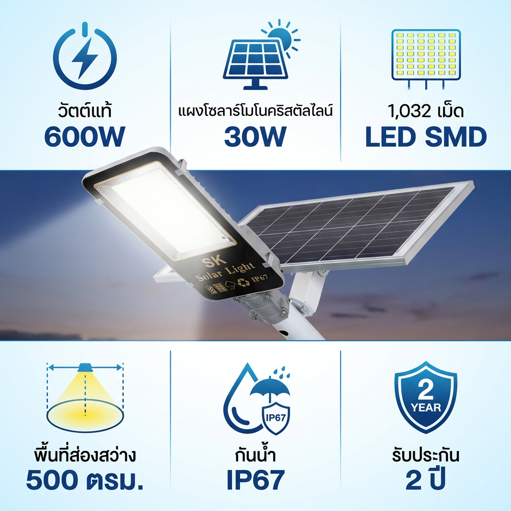 โคมไฟถนนโซล่าเซลล์ C600W วัตต์แท้1032SMD IP67 สว่าง12-16ชม.ส่อง500ตร.ม.รับประกัน2ปี พร้อมส่งSK.solar ราคา ถูกที่สุด ดีลบีเคเค แกลเลอรีภาพที่ 4