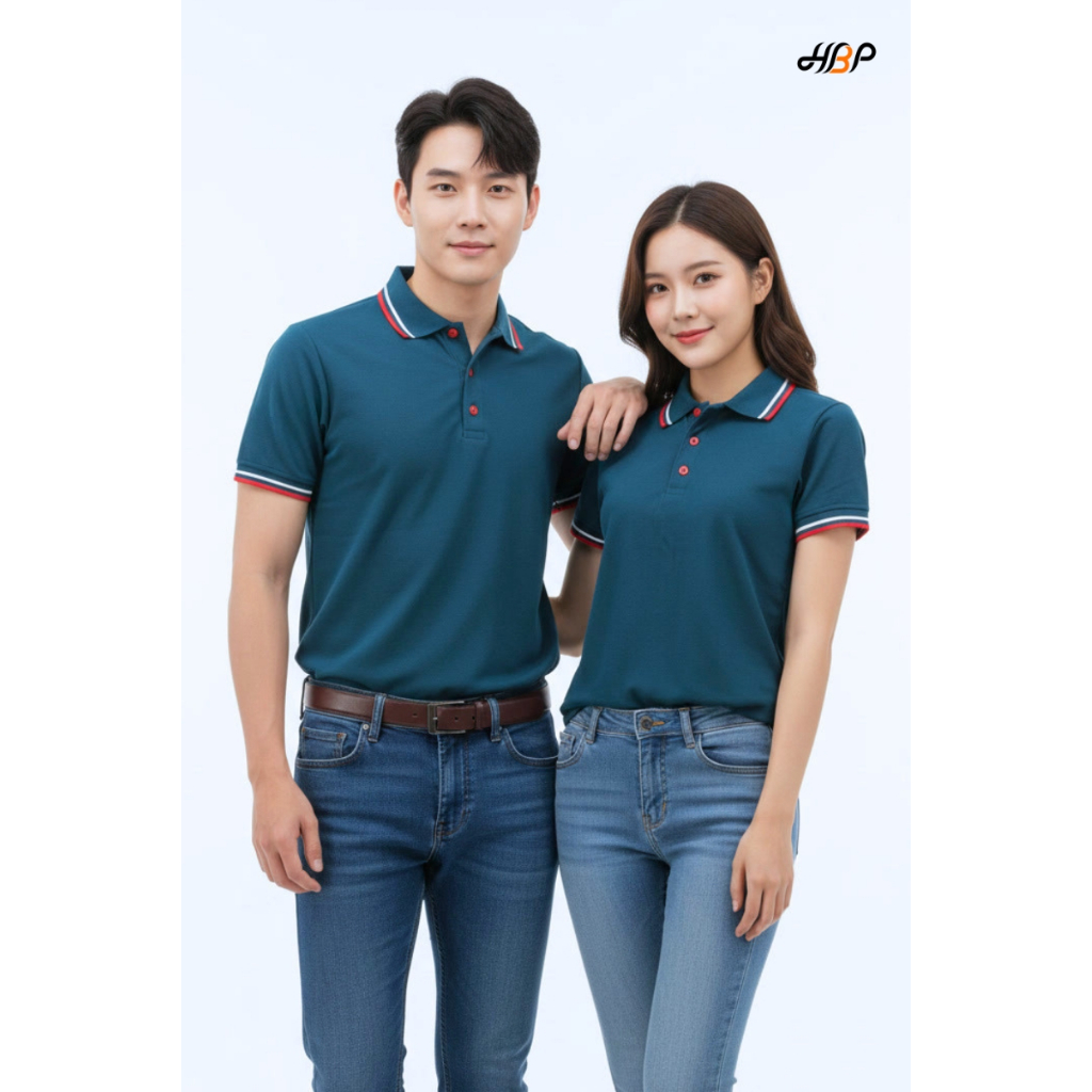 เสื้อโปโลสีเขียวหยกเข้มขลิบแดง แขนจั้ม เนื้อผ้า TK