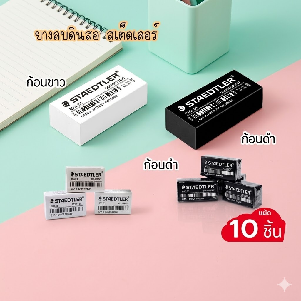 ยางลบSTAEDTLERสีขาวและสีดำ EAN4และEAN8 จำนวน 10 ก้อน/แพ็ค