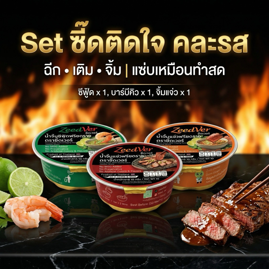 ZeedVer น้ำจิ้มฟรีซดราย ตราซี๊ดเวอร์ เซ็ทซี๊ดติดใจ คละรส (ซีฟู้ดx1,แจ่วx1,BBQx1) ขนาดถ้วยละ 10 กรัม