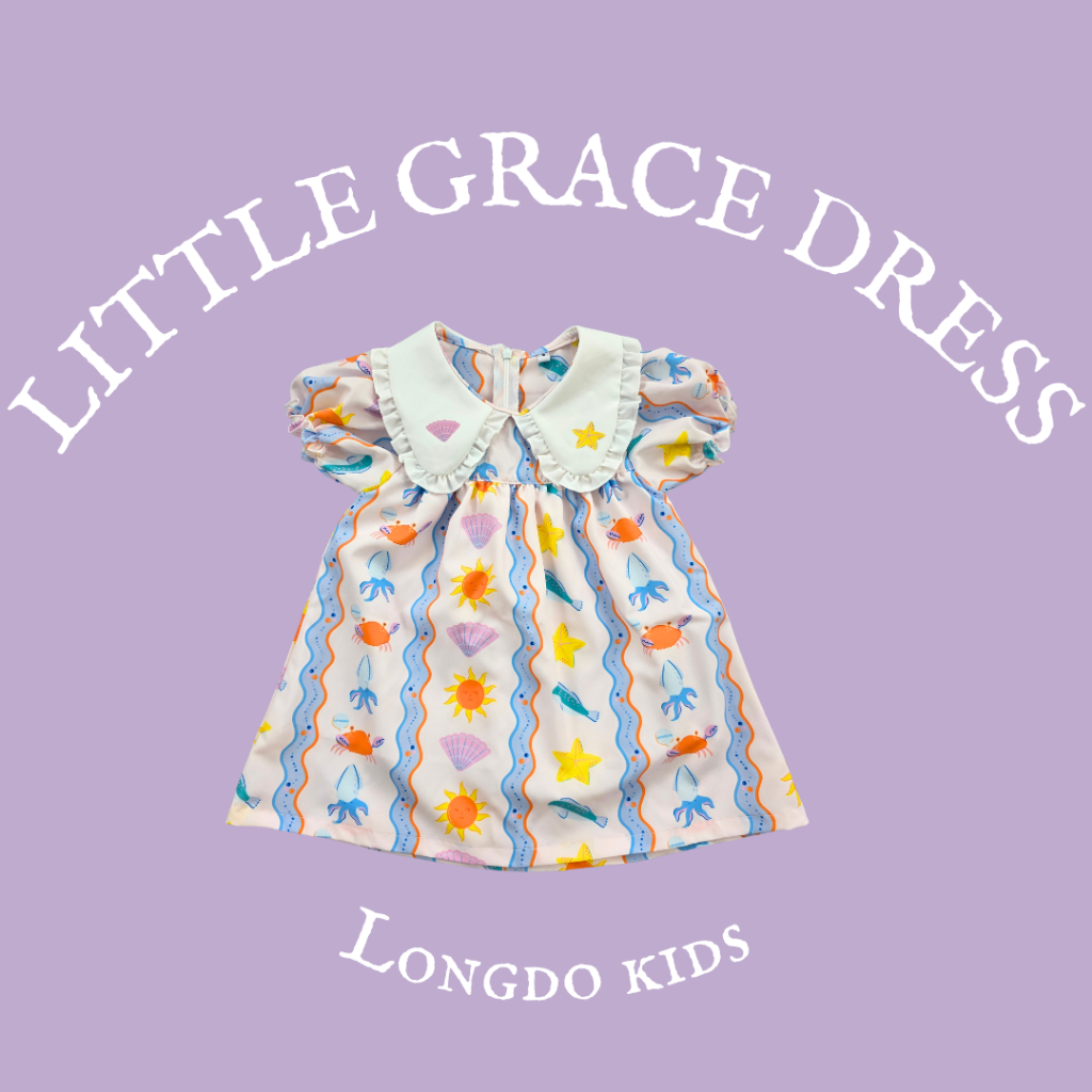 Little grace dress ชุดเดรสเด็กผู้หญิงคอระบาย แขนสม็อค พิมพ์ลายน่ารักๆที่ปก