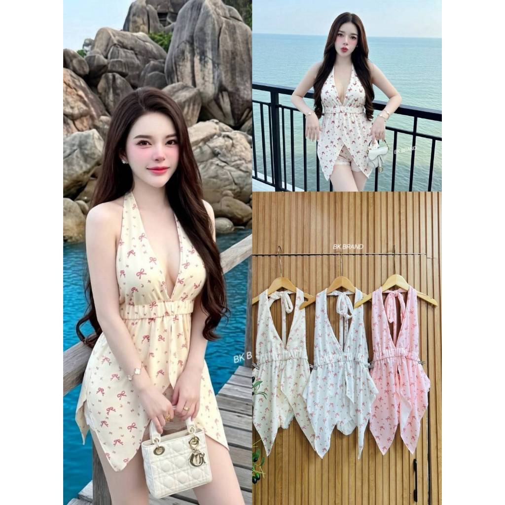 【BK BRAND】 BK 62950 เซ็ตโชว์หลังผูกคอ กางเกงดึงยางรอบเอวแต่งขอบลูกไม้