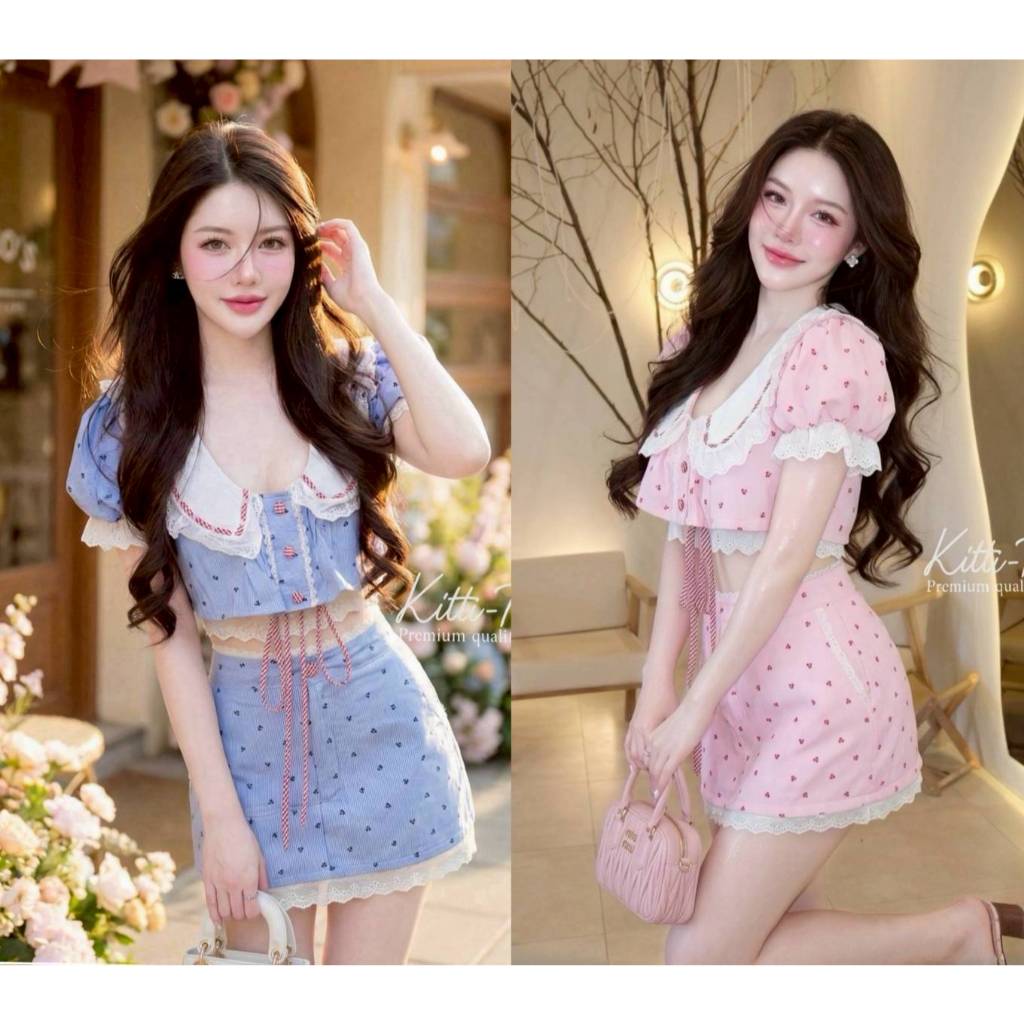 KITTI-T Set (2) ชิ้น เสื้อ+กระโปรง สไตล์โทนฟ้าใส สไตล์คุณหนูหวานๆ