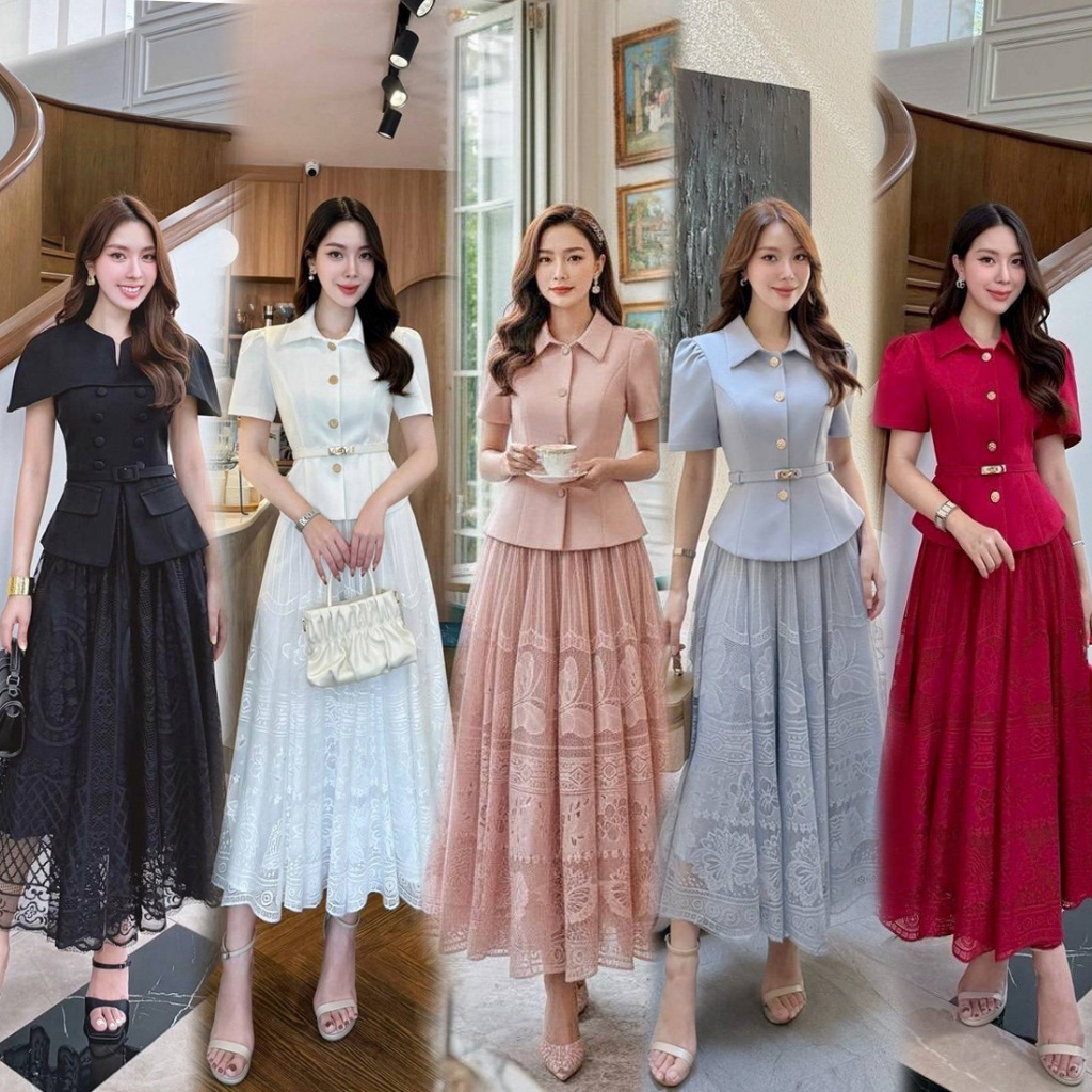 S-XXL ชุดเซท 2ชิ้น เสื้อ+กระโปรง สีครีม,ฟ้า,เขียว,ชมพู,ขาว,แดง,ดำ (1074,1216)