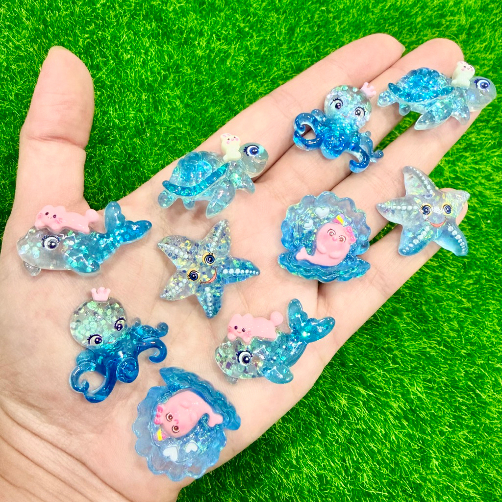เรซิ่นตกแต่ง DIY ชุดอุปกรณ์ของเล่นทะเล ม้าน้ำโลมาปลาดาวรองเท้าไม้ สำหรับงานฝีมือ