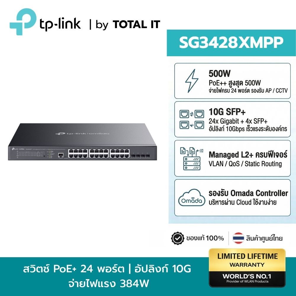 TP-Link SG3428XMPP Omada PoE++ Switch สวิตช์ 24 พอร์ต 500W 4 SFP+ 10G L2+ ประกันศูนย์