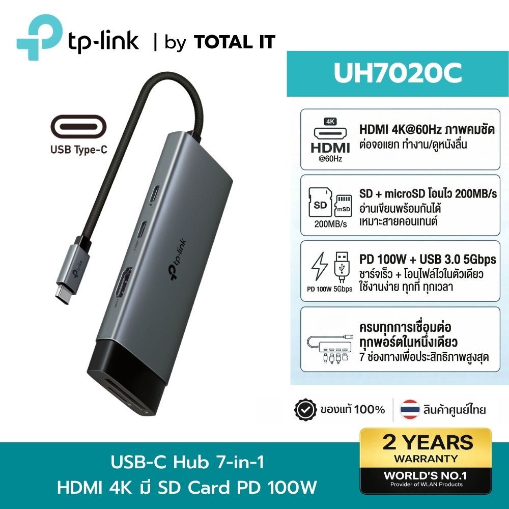 TP-Link UH7020C USB-C Hub 7-in-1 พอร์ต LAN Gigabit 4K HDMI SD Card PD 100W ประกันศูนย์