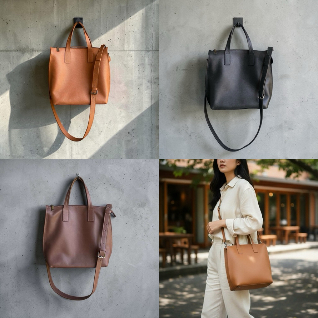 EnneBags รุ่น"Timeless” Tote 12นิ้ว หนังวัวแท้ #madeinthailand อะไหล่สีรมดำ