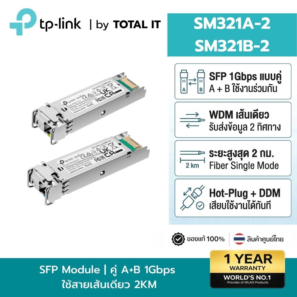 แพ็คคู่ TP-Link TL-SM321A-2 + SM321B-2 โมดูล SFP WDM Gigabit สายคอร์เดียว 2km Bi-Di ประกันศูนย์