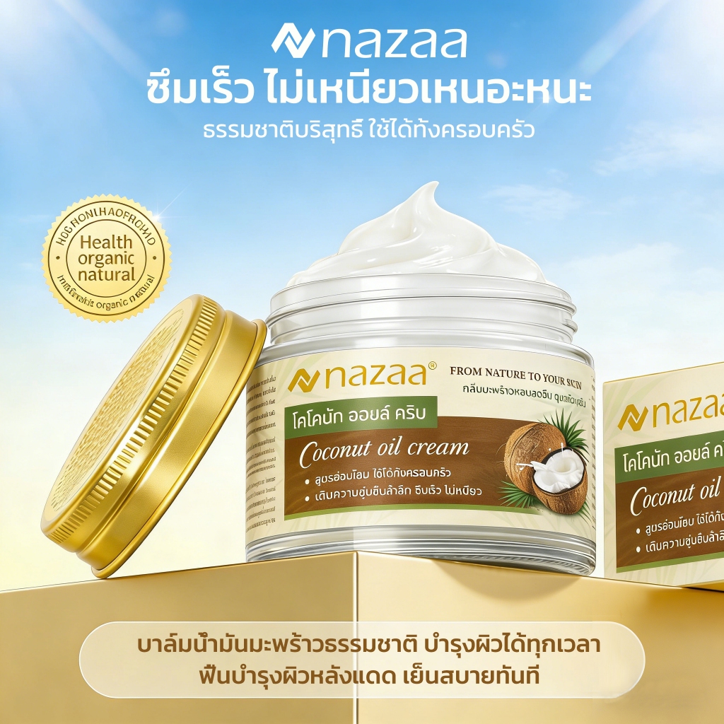 NAZAA Coconut Oil Cream ครีมมะพร้าวอเนกประสงค์ ชุ่มชื้น ไม่เหนียว ผสม Vitamin E มอยส์เจอร์ไรเซอร์