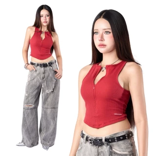 MILTY CROP เสื้อผ้าร่อง ทรงครอปเข้ารูป ซิปหน้ารูดปรับระดับได้ มี 4 ไซส์ XS / S / M / L