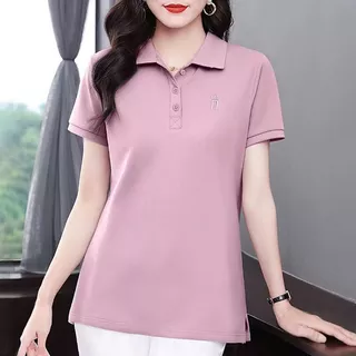 เสื้อยืดแขนสั้นผู้หญิง คอปกโปโล สไตล์ใหม่สำหรับฤดูร้อน ลำลอง ช่วยให้ดูผอมเพรียว เรียบง่าย ทันสมัย ​​และใช้งานได้หลากหลาย
