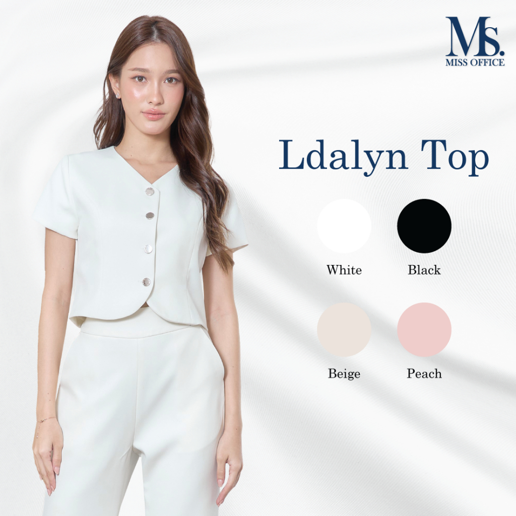 Miss Office เสื้อครอปคอวีแขนสั้นกระดุม 4 เม็ด (Idalyn Top : MT-493)