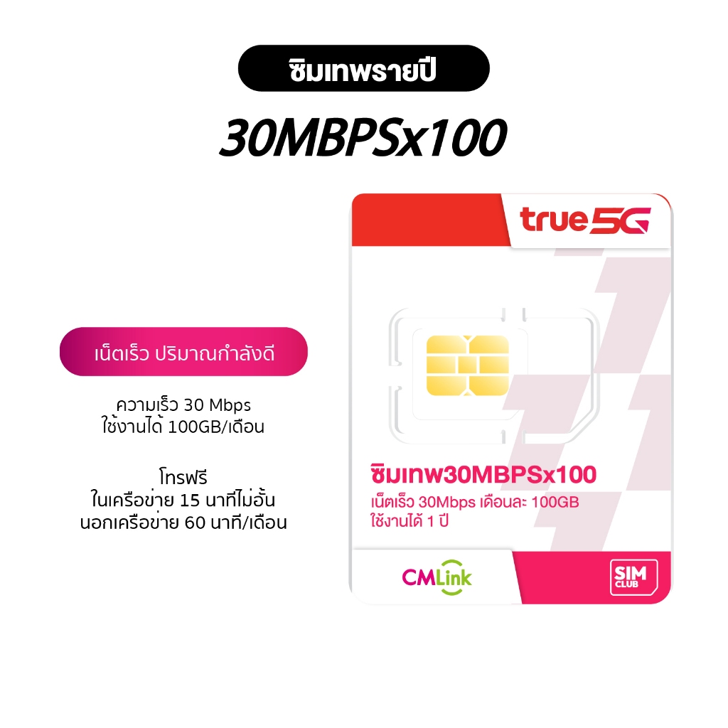 ส่งฟรี ซิมเทพ ทรู 30Mbps 100GB/เดือน โทรฟรีทุกค่าย ซิมเน็ต ใช้งานได้ 1ปี ซิมรายปี 5G ซิมรายปี ซิม Tr