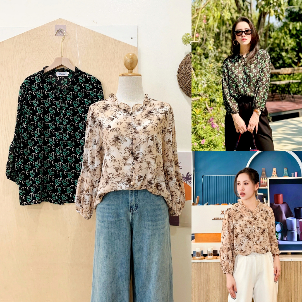 Lynlalin เสื้อชีฟองเนื้อทราย แขนยาว ใส่สบาย สไตล์วินเทจ มี2สี ดำ,ครีม (Free size) รุ่น ชีบุษบา