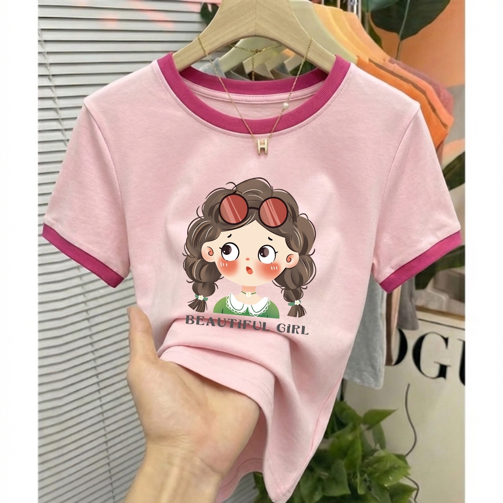 เสื้อยืดผู้หญิงลายสาวสวยวินเทจ ทรงสั้นสไตล์เกาหลี ผ้านุ่มใส่สบาย เอวสวย ป้องกันริ้วรอย เหมาะกับฤดูร้อน ใส่ทำงาน/เที่ยว
