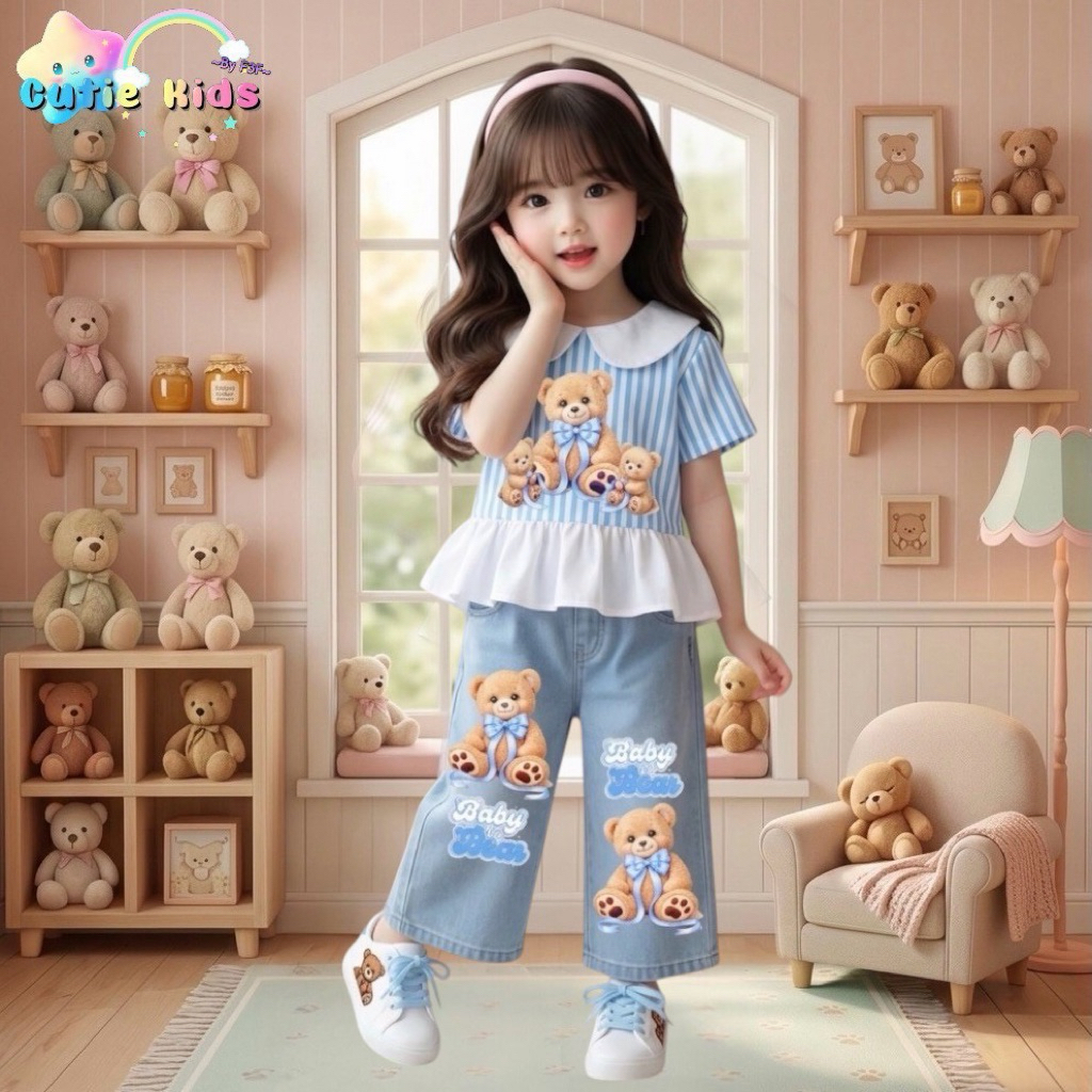 พร้อมส่งจากไทย ชุดเซทเสื้อสุดน่ารักแต่งคอบัวแต่งระบาย พร้อมกางเกงยีนส์งานสกรีนเจลแน่นๆทั้งตัว เอวสม็อคสวมใส่สบาย