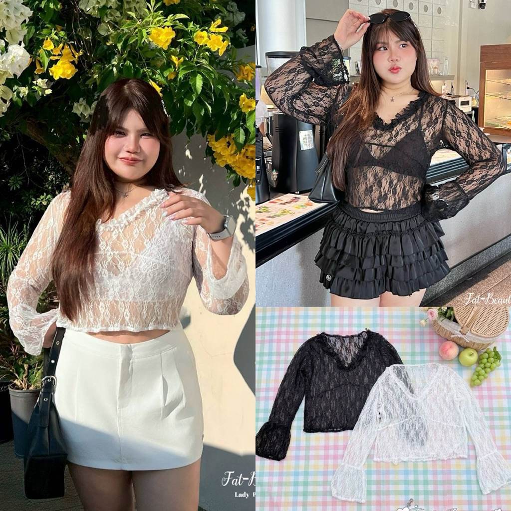 /FB/ เสื้อลูกไม้ซีทรูแขนยาว ไซส์อก38-50 ผ้าลูกไม้เนื้อนิ่ม แต่งระบายคอและปลายแขน แมทช์เกาะอก สายเดี่ยว หรือบรา แซ่บมาก