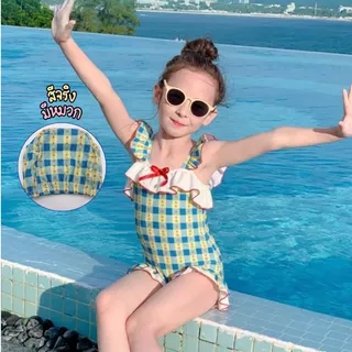Babyonline(Y144)B2 (ส่งด่วน1วัน) ชุดว่ายน้ำแฟชั่นเด็กผู้หญิงลายน่ารักมีหมวก ป้องกันแสงแดด แห้งเร็ว