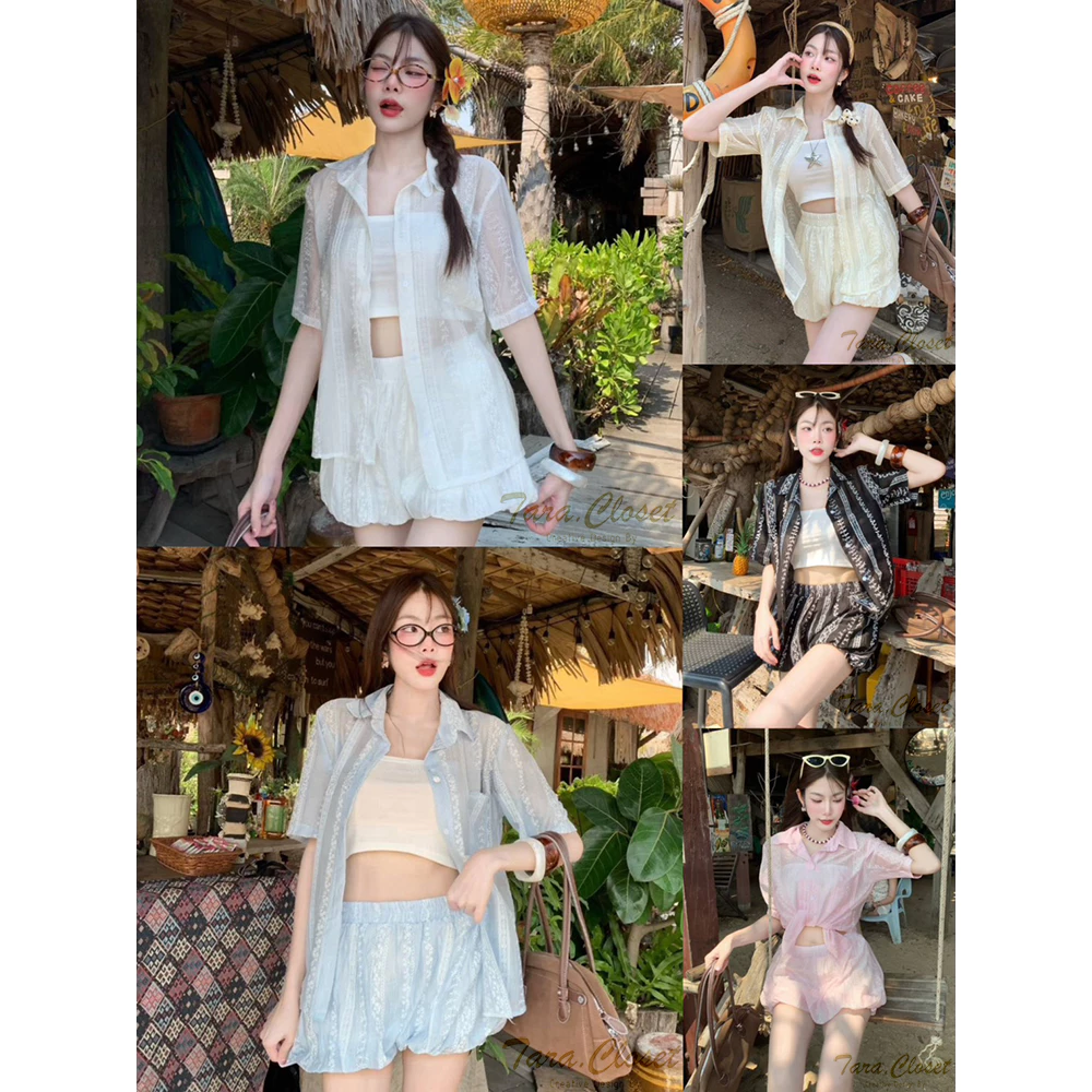 BA118 TARA SET 3 ชิ้น เสื้อเชิ้ต กระดุมหน้า + เกาะอก + กางเกงทรงบอลลูน เอวยางยืด เนื้อผ้าฝ้ายชีฟอง ทอลาย