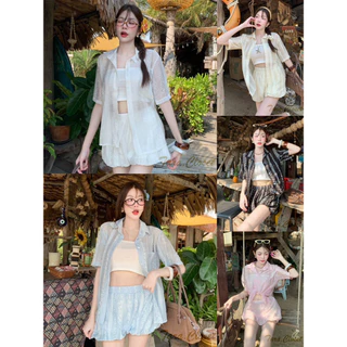 BA118 TARA SET 3 ชิ้น เสื้อเชิ้ต กระดุมหน้า + เกาะอก + กางเกงทรงบอลลูน เอวยางยืด เนื้อผ้าฝ้ายชีฟอง ทอลาย