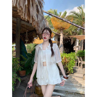 BA118 TARA SET 3 ชิ้น เสื้อเชิ้ต กระดุมหน้า + เกาะอก + กางเกงทรงบอลลูน เอวยางยืด เนื้อผ้าฝ้ายชีฟอง ทอลาย