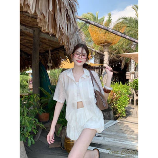BA118 TARA SET 3 ชิ้น เสื้อเชิ้ต กระดุมหน้า + เกาะอก + กางเกงทรงบอลลูน เอวยางยืด เนื้อผ้าฝ้ายชีฟอง ทอลาย