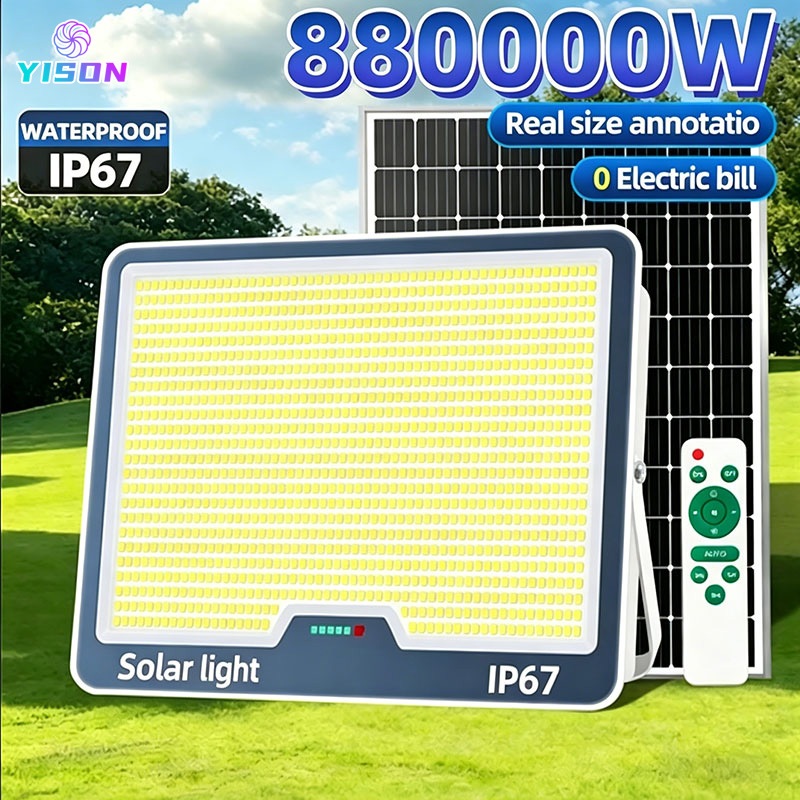 YISON ไฟโซล่าเซลล์ 880000W โคมไฟโซลาร์เซลล์ ไฟโซล่าเซลล์ ไฟสปอร์ตไลท์ Solar light นแสงสีขาว 1แผง1โคมไฟ สวิตช์อัตโนมัติ