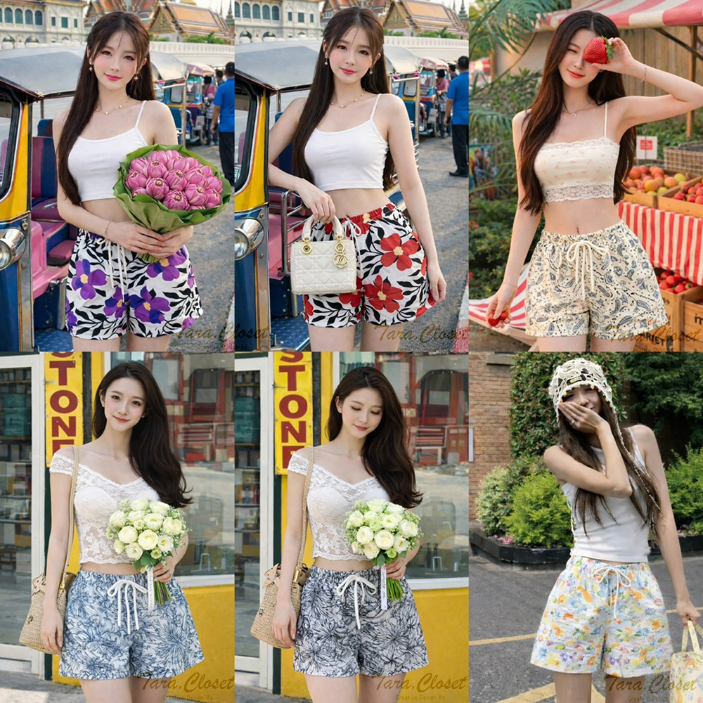 PA002 TARA Pants กางเกงลายดอก ขาสั้น เอวยางยืด มีสายรูดใช้งานได้จริง เนื้อผ้าไหมอิตาลีพิมพ์ลายอย่างดี ใส่สบาย ไม่ร้อน