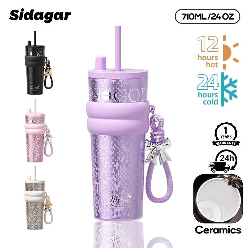 Sidagar แก้วเก็บความเย็น 710ML/24OZ เคลือบเซรามิก แก้วน้ำเก็บความเย็น มีหลอดดูด แก้วน้ํา มีที่เก็บฝาหลอด