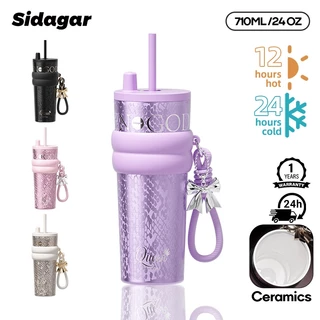 Sidagar แก้วเก็บความเย็น 710ML/24OZ เคลือบเซรามิก แก้วน้ำเก็บความเย็น มีหลอดดูด แก้วน้ํา มีที่เก็บฝาหลอด