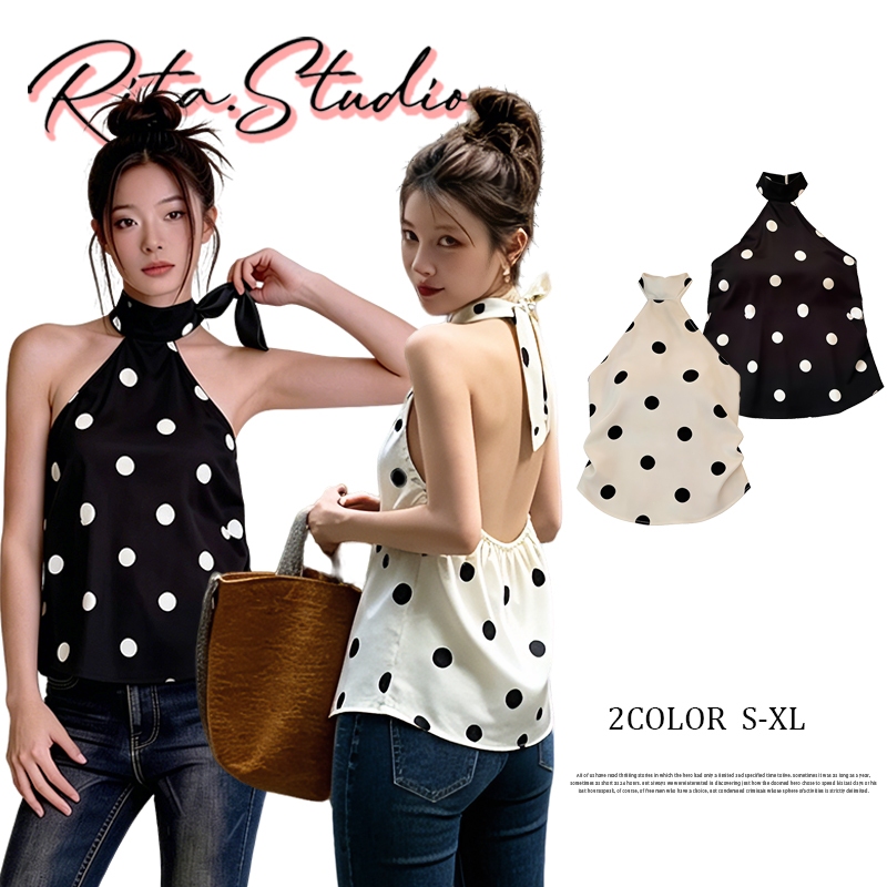 Rita พร้อมส่ง🍒เสื้อแขนกุดคอผูกโบว์ ลายจุดสีขาวดำ ไว้หลังเปิดเซ็กซี่ สไตล์เกิร์ลลี่ เหมาะใส่ไปเที่ยว เหมาะใส่ไปเที่ยว