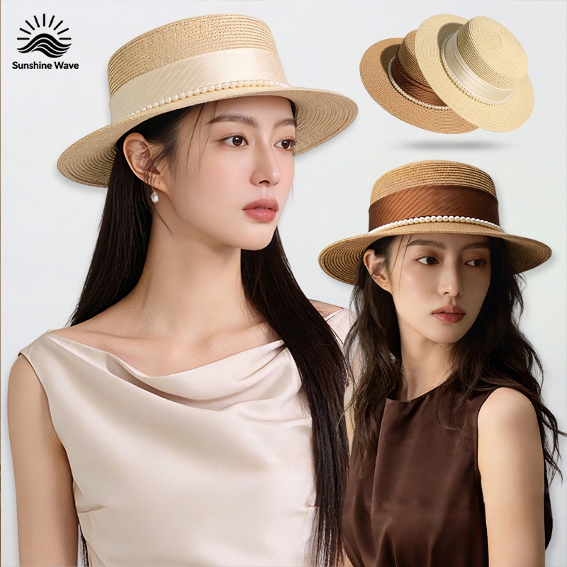 Sunshine Wave👒👒สไตล์ฝรั่งเศส สไตล์มินิมอล หมวกฟาง ทรงแบน เครื่องประดับไข่มุก หมวกชายหาด คุณภาพสูง ส่งไวจากไทย 54~58cm