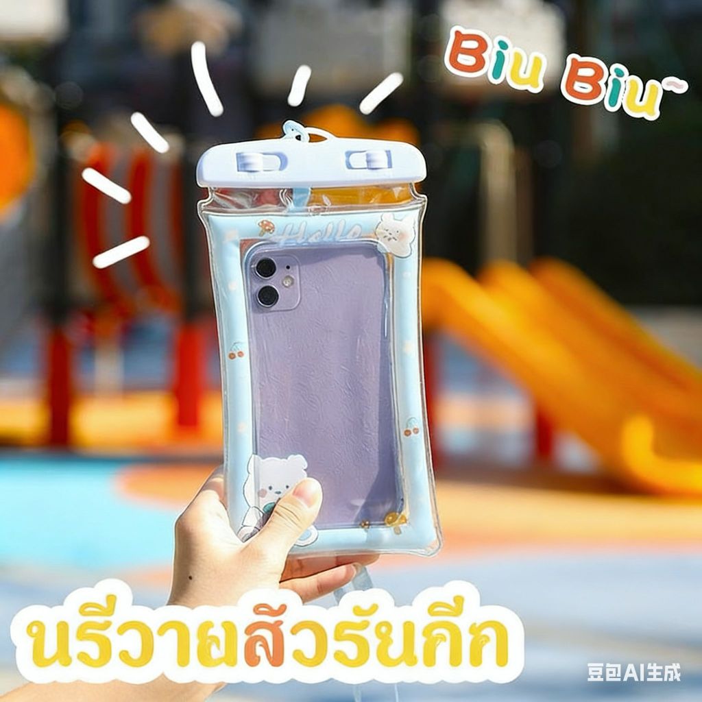 ถุงกันน้ำโทรศัพท์ลายการ์ตูนสีฟ้า สัมผัสหน้าจอได้ ลอยน้ำได้ มีสายคล้องคอ ป้องกันน้ำ IPX6 สำหรับว่ายน้