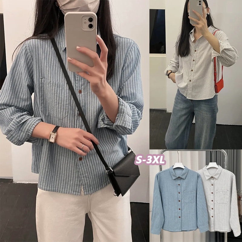 🌵Grace_chili🌵 เสื้อเชิ้ตแขนยาวลายทางสำหรับผู้หญิง สไตล์ลำลอง W716