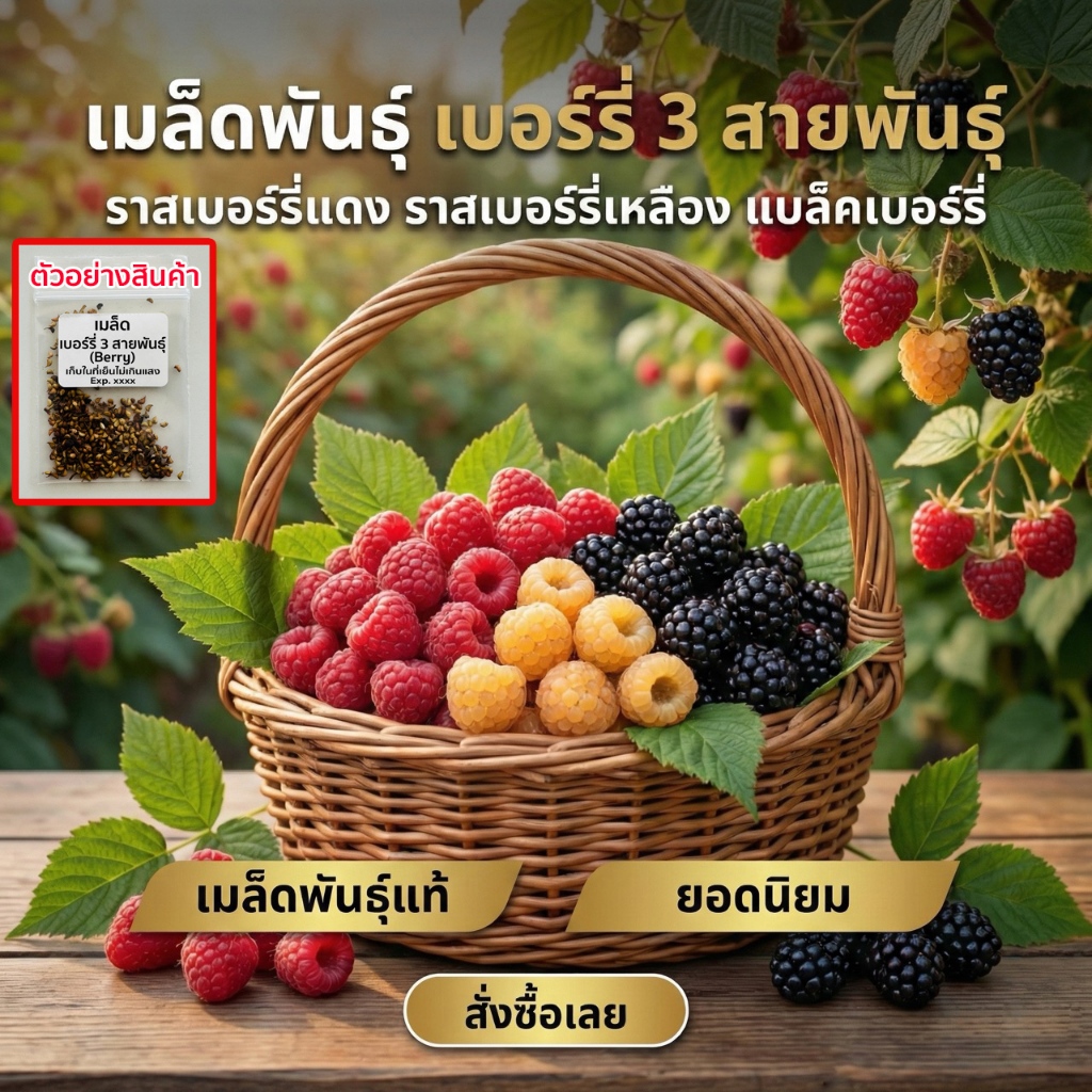 เมล็ดพันธุ์เบอร์รี่ 3 สายพันธุ์ berry แบล็คเบอร์รี่ แดง เหลือง 20-50 เมล็ด อินทรีย์ออแกนิค โตเร็ว (ซื้อ 10 แถม 1 )