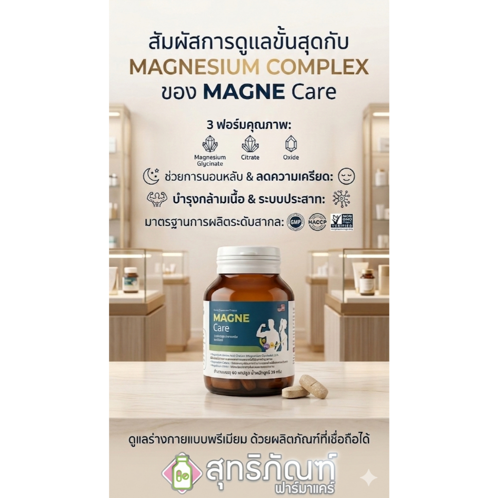 MAGNE Care 60 แคปซูล แมกนีเซียม คอมเพล็กซ์ ผสมวิตามิน B6 & D3 นอนหลับ ตะคริว